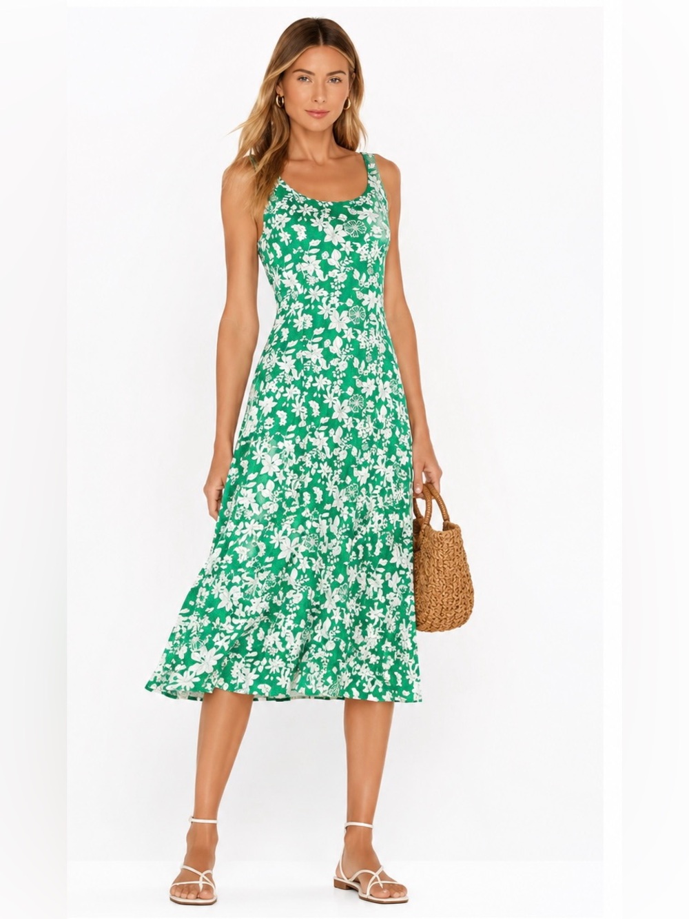 Zara Green and White Floral Scoop-Back Midi Dress